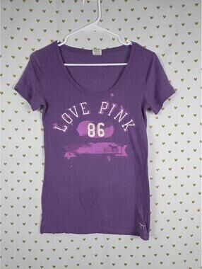 Victorias Secret PINK VINTAGE Purple LOVE Y2k 86 Tee Shirt V Neck XS